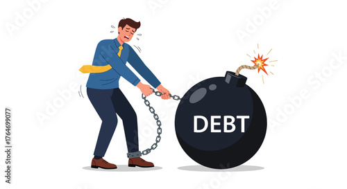 Man struggling to pull a large bomb labeled DEBT with a lit fuse.