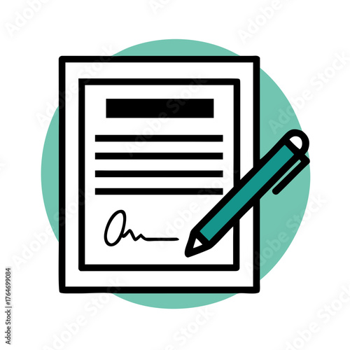Signature on paper icon representing agreement and documentation in flat design