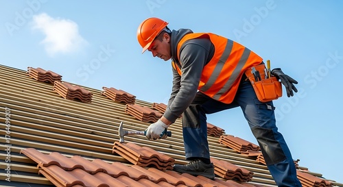 Roofer Installing Clay Tiles on a Residential House Roof Under a Blue Sky.