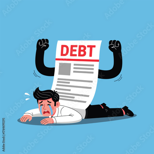 Overwhelmed Man Crushed by Giant Debt Document with Fists.