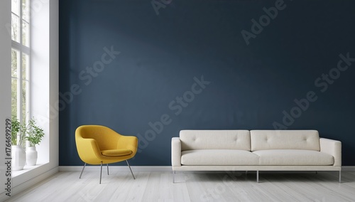 Interior space featuring a yellow armchair against a plain dark blue wall
