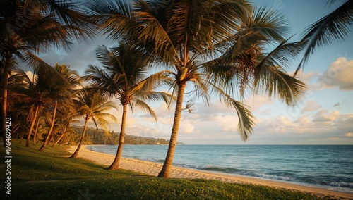 Fototapeta Naklejka Na Ścianę i Meble -  Sunset over a tropical beach lined with coconut palms, panoramic scene with bokeh and retro style.