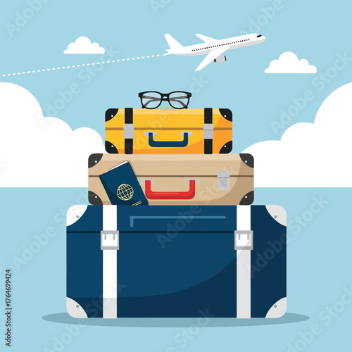 Stack of vintage suitcases with passport and glasses, airplane in sky.