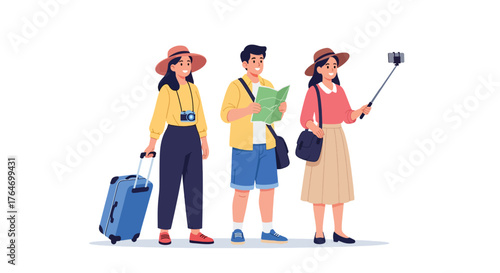 Three diverse tourists with luggage and map exploring a new destination.