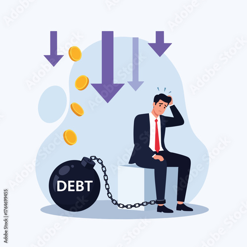 Stressed Businessman Chained to Debt Ball with Falling Coins and Arrows.
