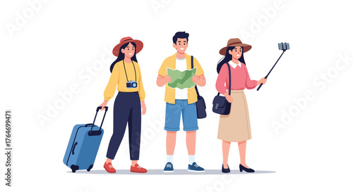 Three diverse tourists with luggage and map, ready for travel adventures.