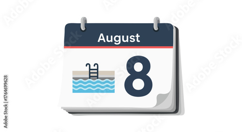 August 8th swimming holiday plan with stylized calendar design highlighting pool days for summer vacations and seasonal leisure activities