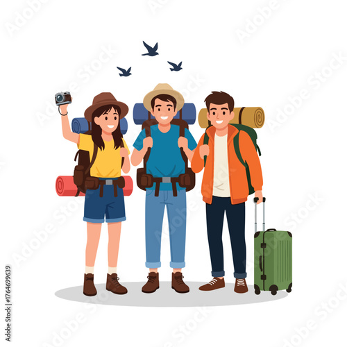 Three happy travelers with backpacks and luggage ready for adventure.