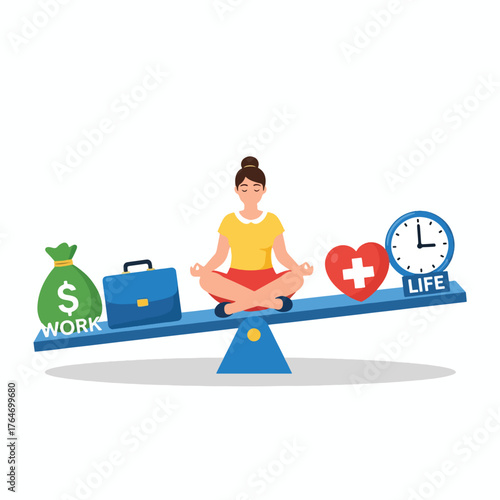 Woman Meditating on a Seesaw Balancing Work and Life Symbols.