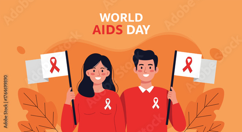 World AIDS Day illustration with diverse couple holding red ribbon flags.