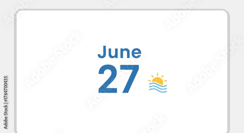 Calendar date June 27, with ocean and sun symbols, marking a bright summer day perfect for beach activities and seaside relaxation ideal for