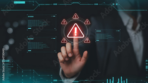 Cybersecurity professional touching screen with error warning attention to network data breach danger information