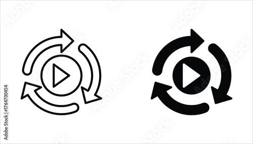 Replay icon set. Replay video button symbol. Repeat icon. Replay video button icon Isolated on white background.