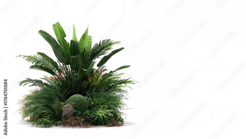 Fototapeta premium Isolated tropical shrub with trimming path, flowering bush tree