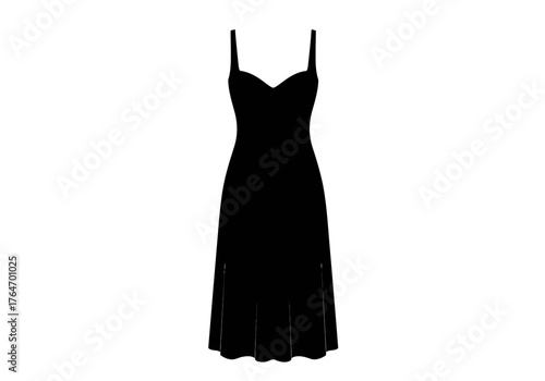 A long black sleeveless dress with thin straps and a fitted bodice stands isolated against a white background