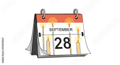 A calendar graphic showing September 28th with candles symbolizing memory and anniversaries within a stylized format