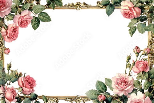 3d illustration of elegant golden frame adorned with delicate pink roses, isolated on white background, perfect for adding a touch of romance