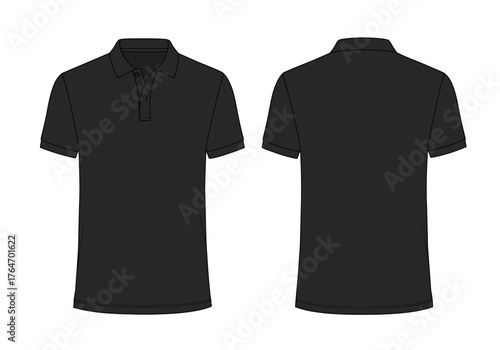 Black polo shirt front and back views on a white background