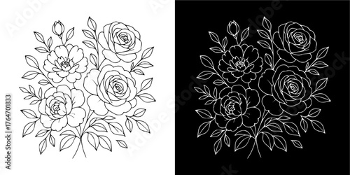 Delicate Hand-Drawn Illustration of a Rose Bouquet on White and Black Backgrounds