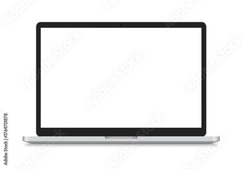 Front view of a laptop The screen is blank and white The laptop is gray and sits on a white surface