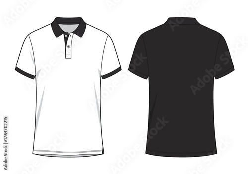 Polo shirt sketch with white front and black back featuring contrasting collar and sleeve trim