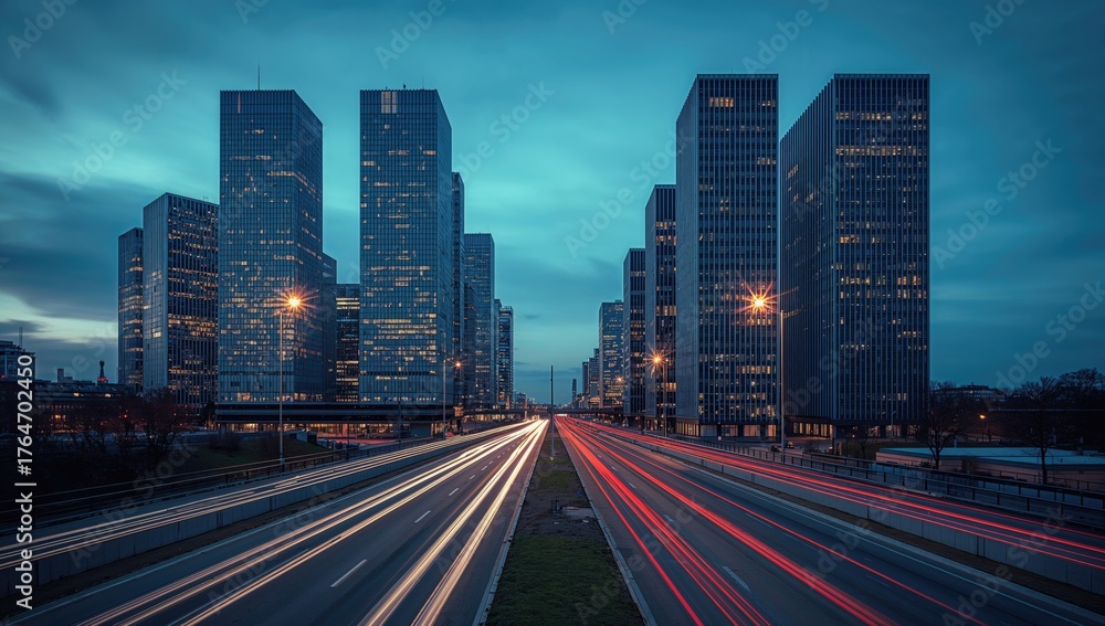 Obraz premium High-rise buildings in a contemporary commercial and financial hub. Extended exposure of a busy multi-lane highway surrounded by towering office structures in a modern business area.