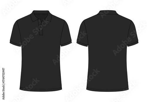 Two views of a blank black polo shirt front and back on a white background