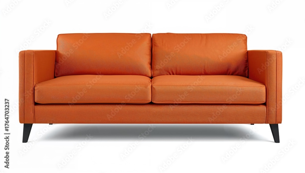 Fototapeta premium Classic orange upholstered sofa with black wooden legs set against a white backdrop with clipping path. Furniture collection