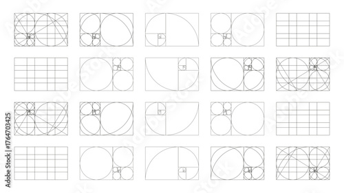 Golden ratio templates. Fibonacci array, numbers form. Harmony proportions frame. Method golden section sample.