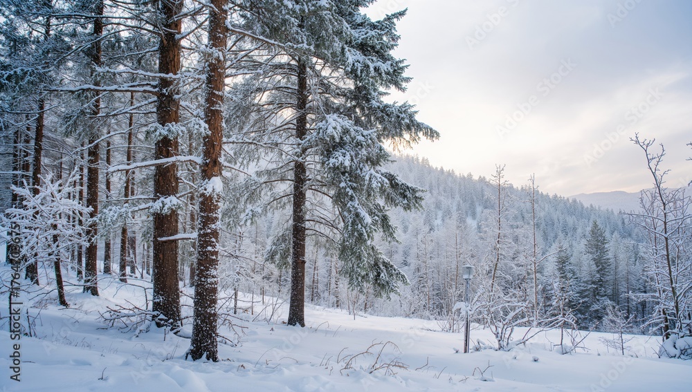Fototapeta premium Winter season with snow-covered spruce trees