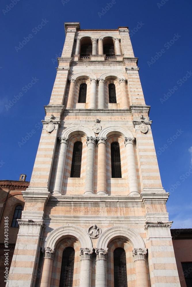 Fototapeta premium Ferrara Cathedral tower - landmark in Northern Italy. Roman Catholic church.