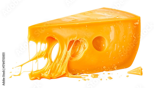 A triangular block of melted cheddar cheese with stringy drips and holes on a black background