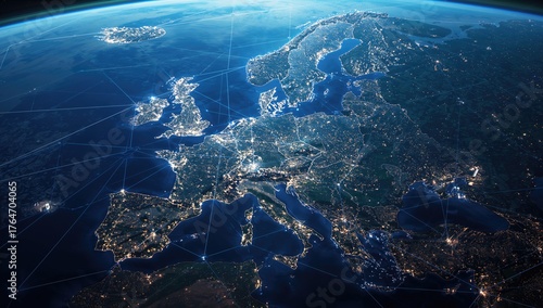 Global telecommunication network over a continent seen from orbit featuring integrated 5G LTE mobile internet, worldwide WiFi access, IoT tech, and blockchain finance systems