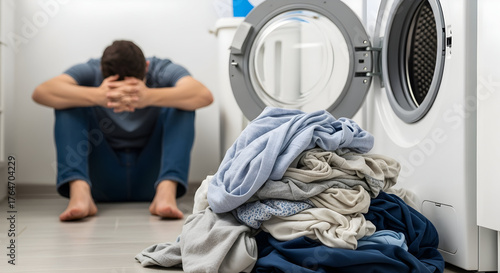 Laundry Day Blues Overwhelmed by Chores Emotional Fatigue and Mounts of Clothes A Depressed Individual Confronts Domestic Overload Cleanliness Struggles Serenity Now