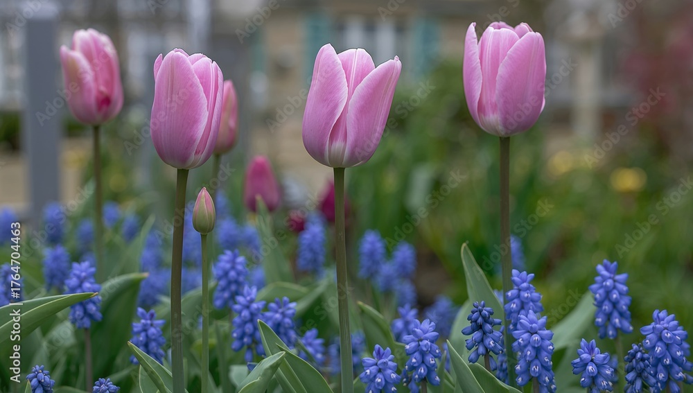 Obraz premium Pink lavender tulips named 'Candy Prince' alongside blue Aubrieta x cultorum flowers flowering in a garden during April. Tulips belong to the lily family, Liliaceae.