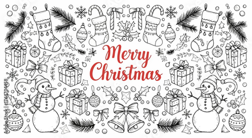 Christmas themed black and white line art illustration with festive elements and "Merry Christmas" text.
