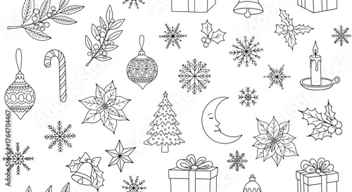 A black and white illustration featuring various Christmas-themed elements such as snowflakes, ornaments, a Christmas tree, and holly.