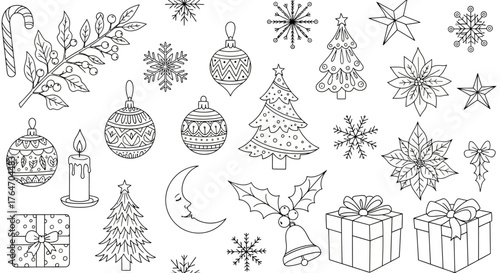 A collection of hand-drawn Christmas and winter holiday icons in a detailed line art style, perfect for coloring.