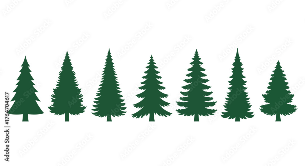 Fototapeta premium A row of seven different silhouettes of evergreen trees.