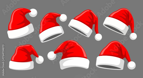 A group of cartoon Santa hats are arranged on a gray background.