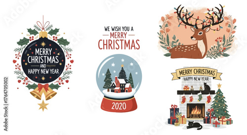 Festive Christmas illustrations featuring ornaments, snow globe, reindeer, and a cozy fireplace scene with cats and gifts.