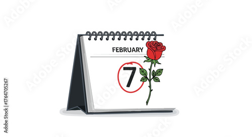 February 7th appointment marked with rose on desk calendar romantic date special day announcement important reminder design concept