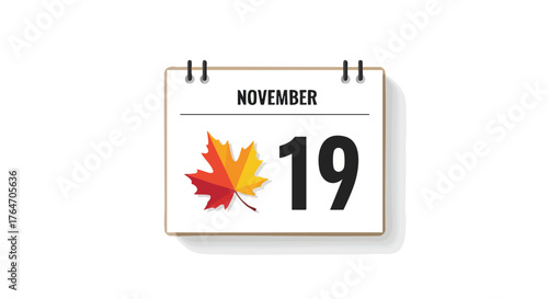 Symbolic november 19th date highlighted with seasonal autumn leaf accent for fall event reminders or holiday planning calendars or schedule