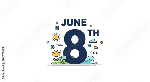 Illustrative Graphic for World Oceans Day on June 8th with Natural Elements Display Celebrating the Earth and Sea