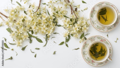 Fresh jasmine flowers and organic tea leaves alongside tea cups on a white surface