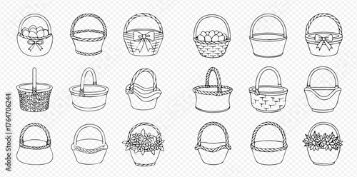 Hand-drawn doodle style collection of various empty and decorated baskets, including Easter egg baskets and flower baskets, on a transparent background.