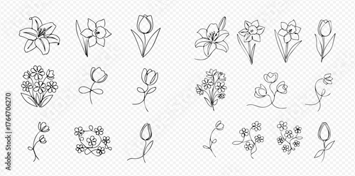 Set of elegant continuous line art illustrations featuring various spring flowers like lilies, daffodils, and tulips, along with delicate floral bouquets.