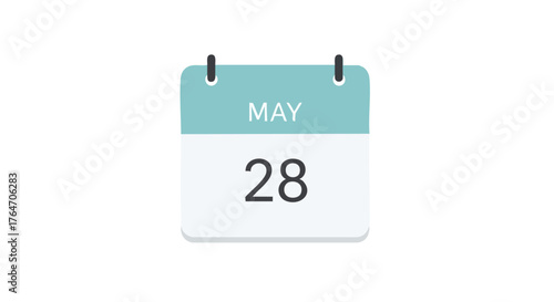 Calendar icon illustration indicating May 28th on light teal and white background for schedule reminder vector graphic design