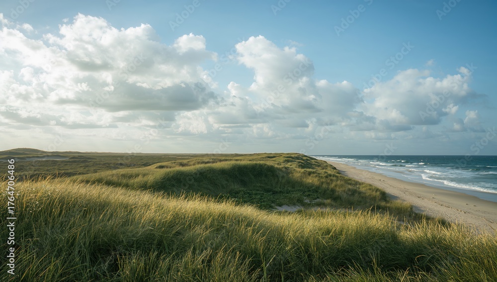 Obraz premium Simple scene of lush grassy hills by the shore under a cloudy blue sky