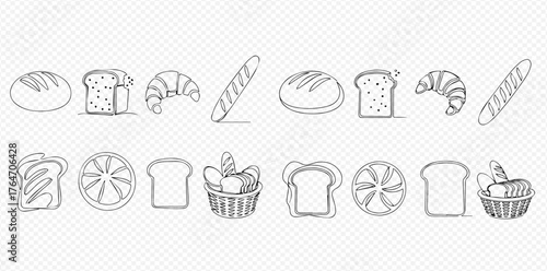 Collection of hand-drawn line art icons featuring various types of bread and baked goods on a transparent background, perfect for bakery themes.